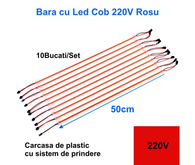 Bara cu Led Cob 220V Rosu, 50cm x 10buc/set