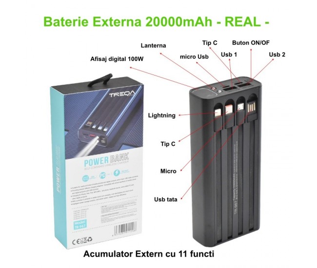 Baterie Externa 20000mAh, 11 in 1 Super-Fast, PD 100W, Usb, Iphone, Micro, Power-Bank TR-967