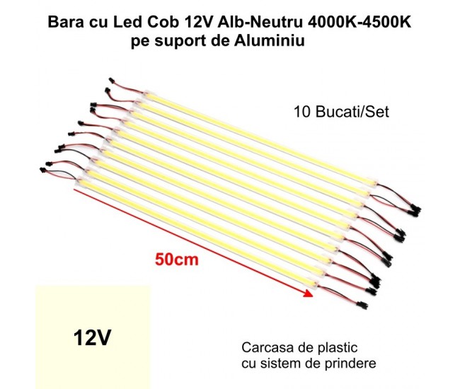 Bara de Led COB 12V Alb-Natural 4500K, 50cm x 10buc/set