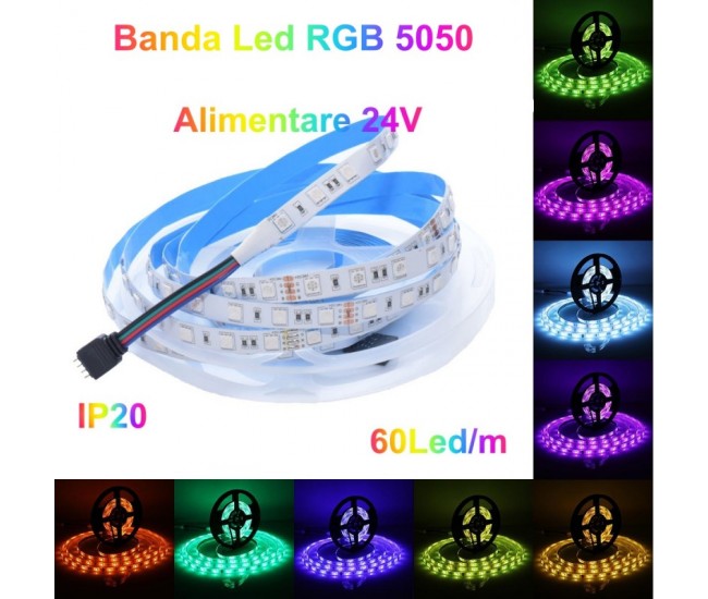 Banda Led RGB 24V- 60Led/m, Interior IP20 - 5m/Rol