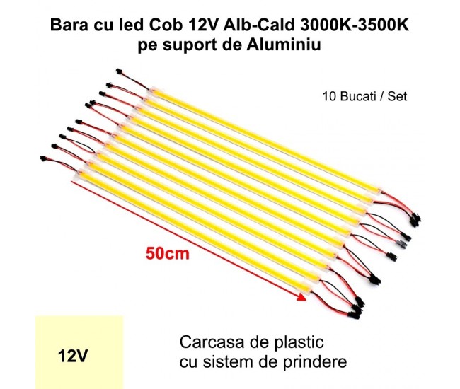 Bara de Led COB 12V Alb-Cald 3500K, 50cm x 10buc/set