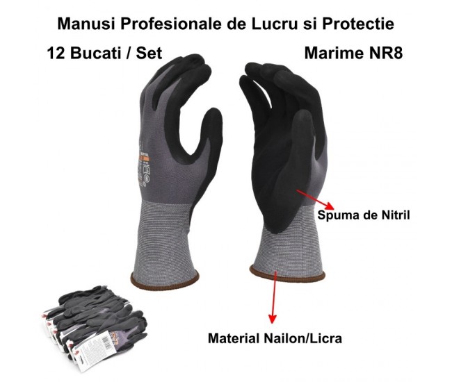 Manusi de Lucru Profesionale cu Nitril NR8.  - 12 buc/set