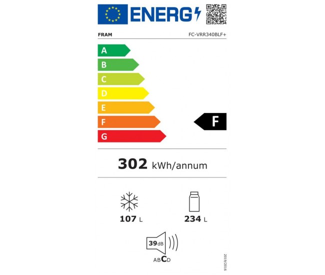 COMBINA FRIGORIFICA FRAM FC-VRR340BLF+, 340L (233+107), CLASA F, TEHNOLOGIE LESS