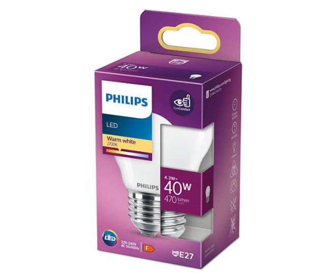 Bec LED Philips Classic, E27 P45, 4.3W (40W), ambianta alba,