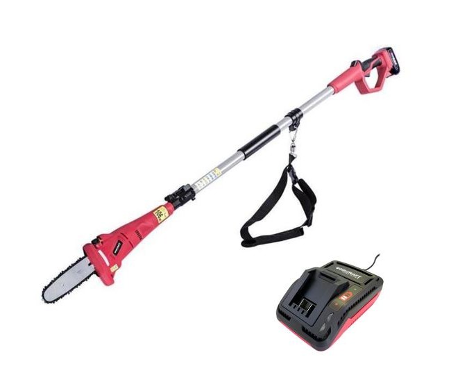 Drujba electrica pentru crengi cu maner telescopic, 20 V Li-Ion, cu acumulator 4 Ah, incarcator, Worcraft