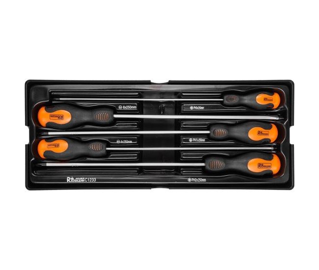 Set surubelnite lungi, late si cruce, sertar TIP A (385x150 mm) pentru dulap mobil, PH0-2, 4-6 mm, 250 mm, 5 buc, RICHMANN