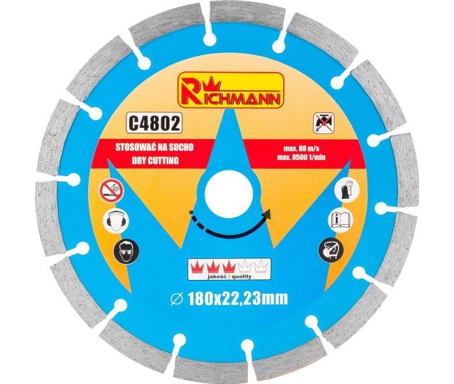 Disc diamantat segmentat, beton, taiere uscata, 180 mm/22.23 mm, Richmann 