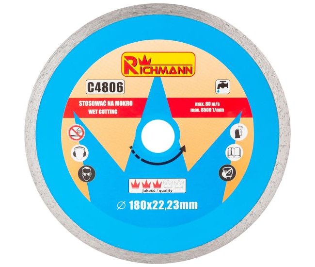 Disc diamantat continuu, placi ceramice, taiere umeda, 180 mm/22.23 mm, Richmann