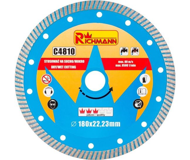 Disc diamantat turbo, beton, taiere umeda si uscata, 180 mm/22.23 mm, Richmann