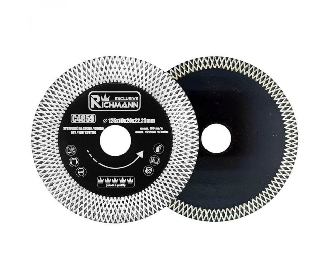 Disc diamantat turbo subtire, dublu segmentat, placi ceramice, taiere umeda si uscata, 125x10x20x22.23 mm, Richmann Exclusive