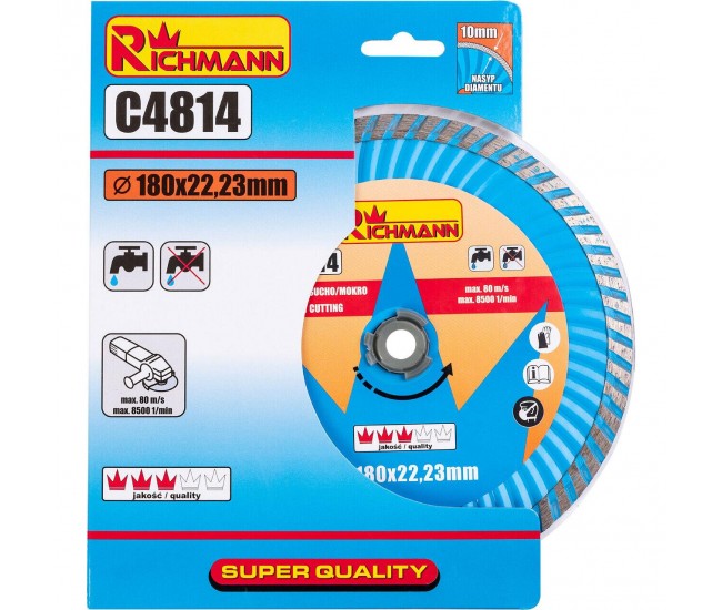 Disc diamantat super turbo, beton, taiere rapida umeda si uscata, 180 mm/22.23 mm, Richmann 