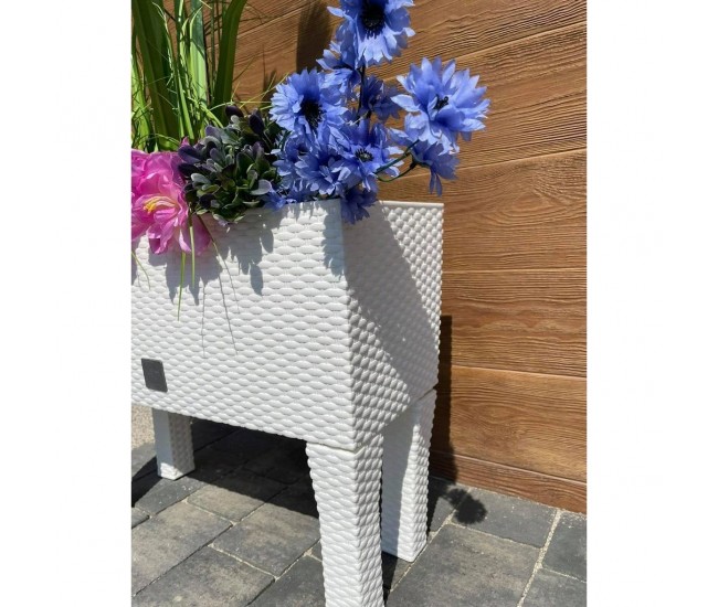 Jardiniera decorativa, cu picioare, sistem irigare, imitatie ratan, alb, 30 L, 60x25x46 cm, Rato Case High