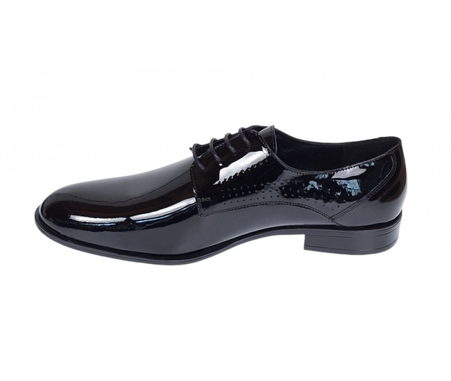 Pantofi barbati eleganti din piele naturala calapod lat Negru Lacuit GKR016NL