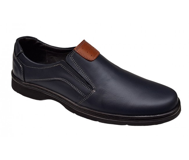 Pantofi barbati casual din piele naturala pe calapod lat cu elastic GKR104BL