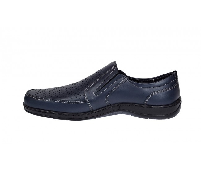 Pantofi barbati casual din piele naturala, perforati, cu elastic, calapod lat, Bleumarin - GKR91BL