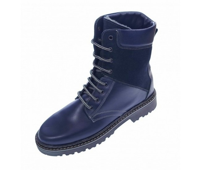 Bocanci barbati din piele naturala imblaniti Army Blue