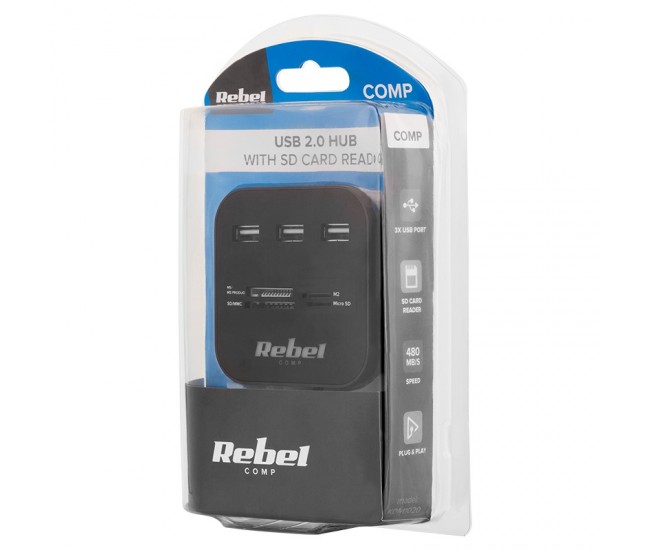 HUB 3X USB 2.0 SI CITITOR CARD SD/MICROSD REBEL 