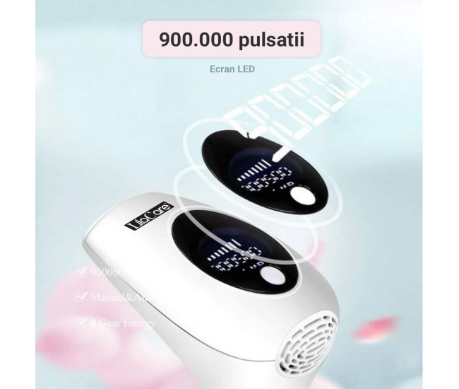 Epilator IPL Lila Care cu maner, epilare definitiva, 900.000 pulsatii, cu display LCD, 8 trepte de putere, roz