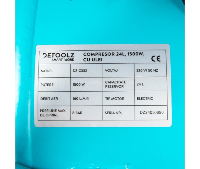 Compresor detoolz 24l cu ulei, 1500 w, debit 160l/min, 8 bar, 2 prize de aer