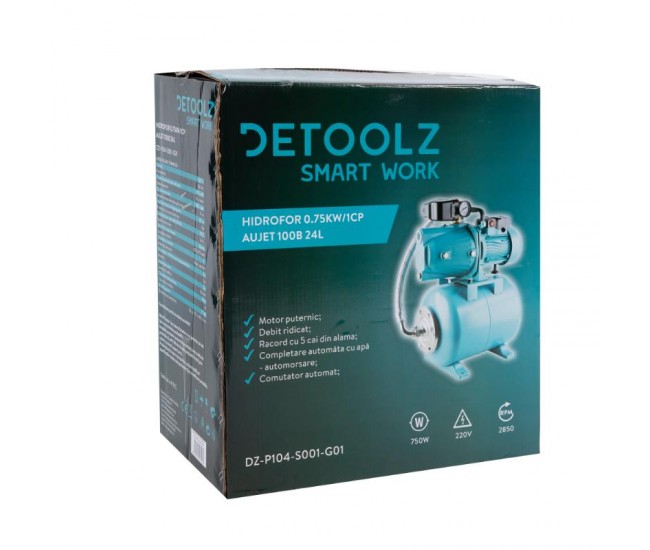 Hidrofor detoolz 0.75 kw, debit 3300l/h, inaltime de pompare 45m, carcasa pompa fonta, volum butelie 24 litri