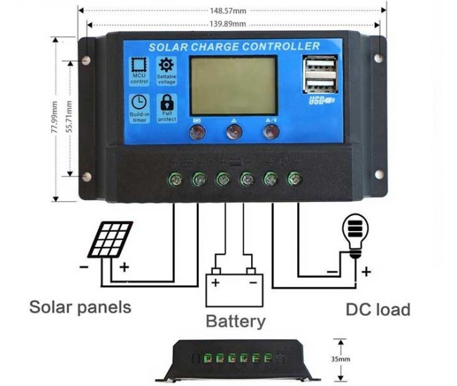 Controler panou solar 12/24v 10a mini dual usb