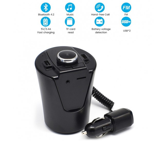 Modulator FM Bluetooth Auto, MCS Car-Cup, incarcator USB, MP3, microSD, AUX, Handsfree LCD BX6